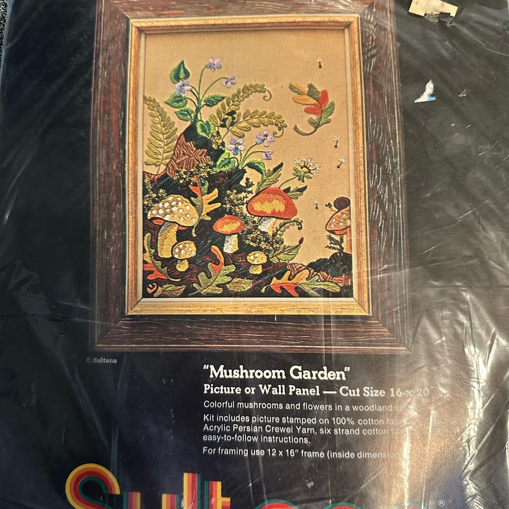Sultana - crewel - Mushroom Garden Wall Panel - vintage - complete- unopened